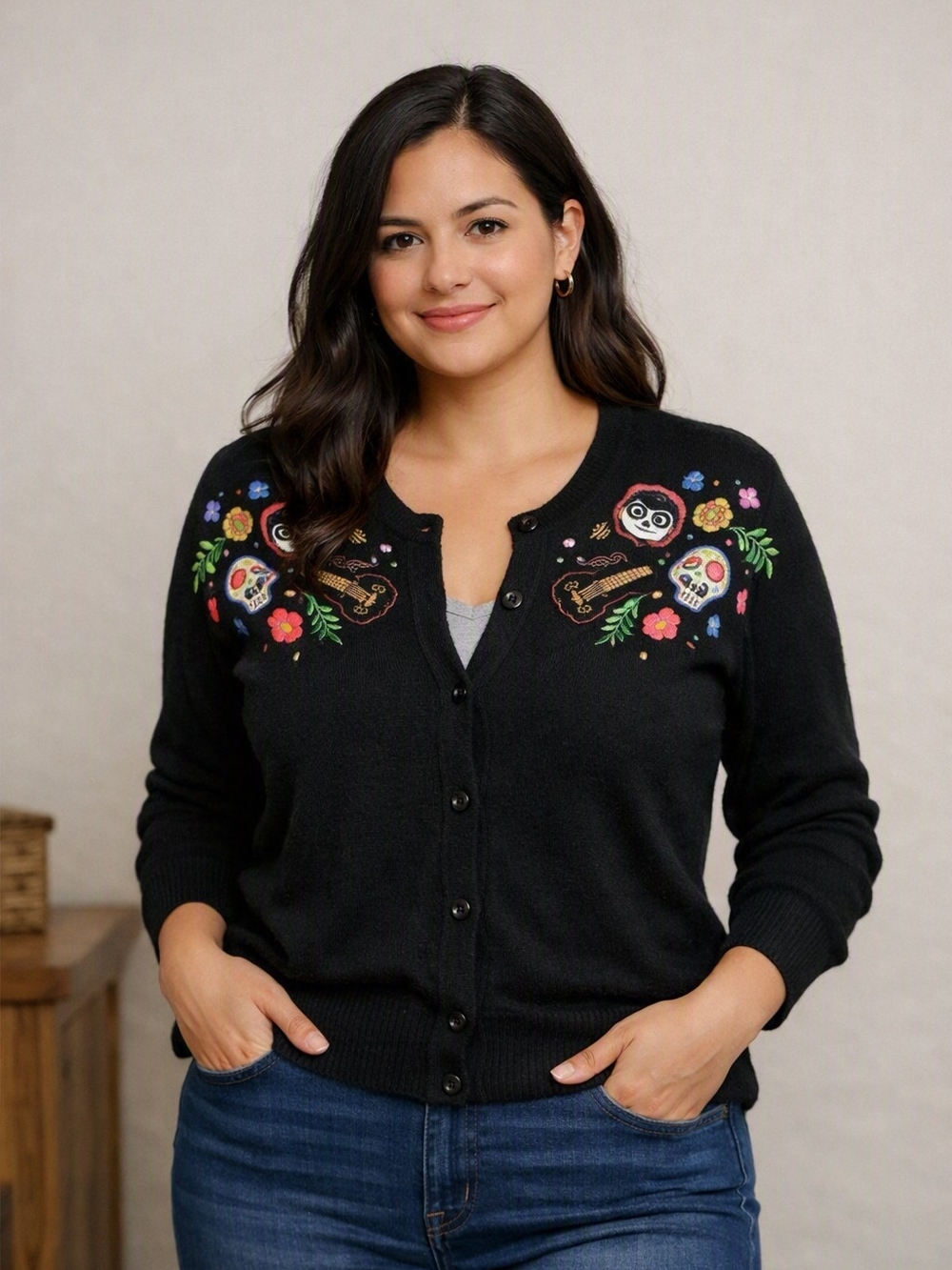 Disney Pixar Coco Embroidered Skull & Floral Black Button Front Cardigan 2X